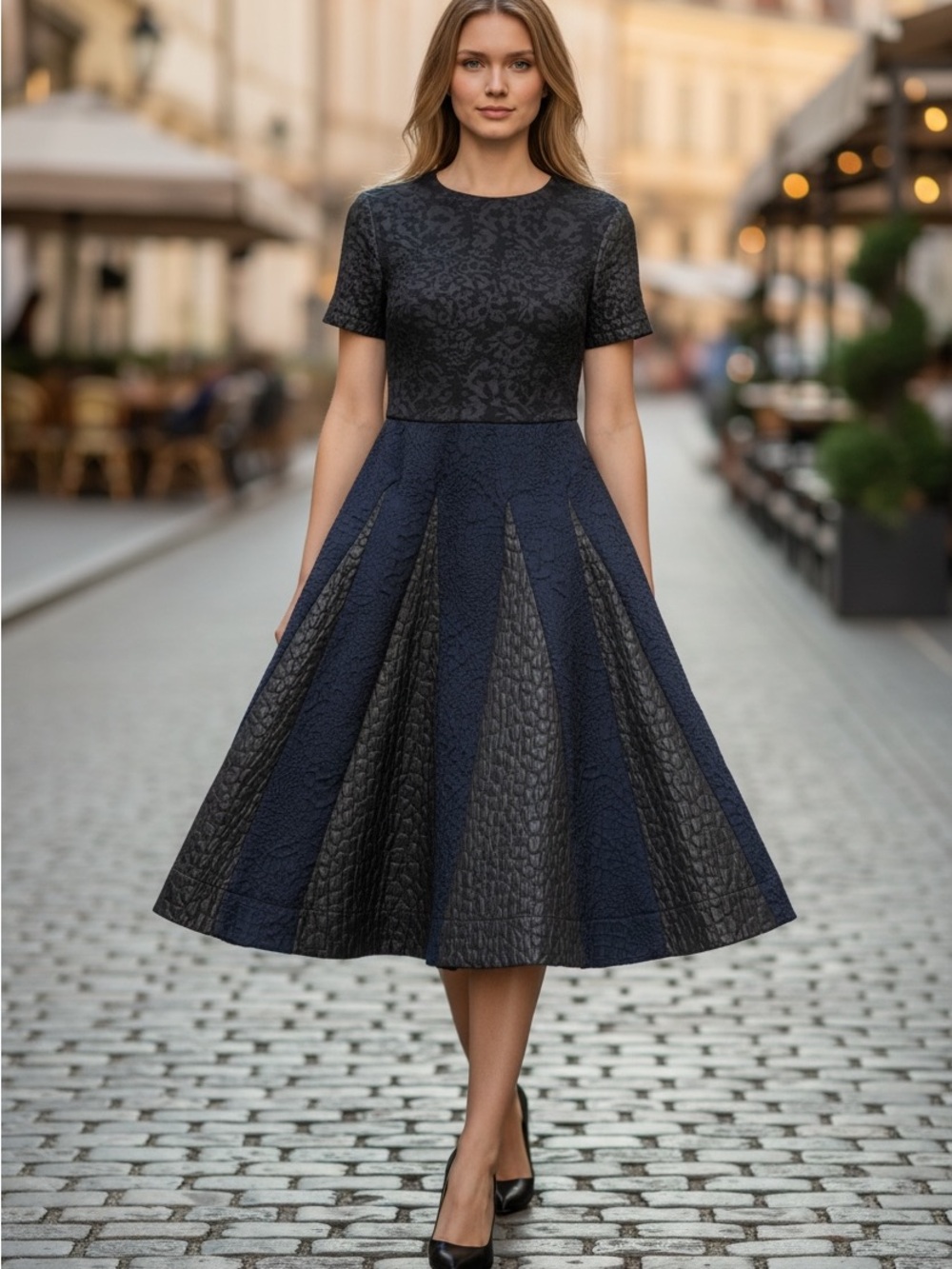 MKRM Black Textured Fit-and-Flare Dress Midi Detailed Women’s Size Small